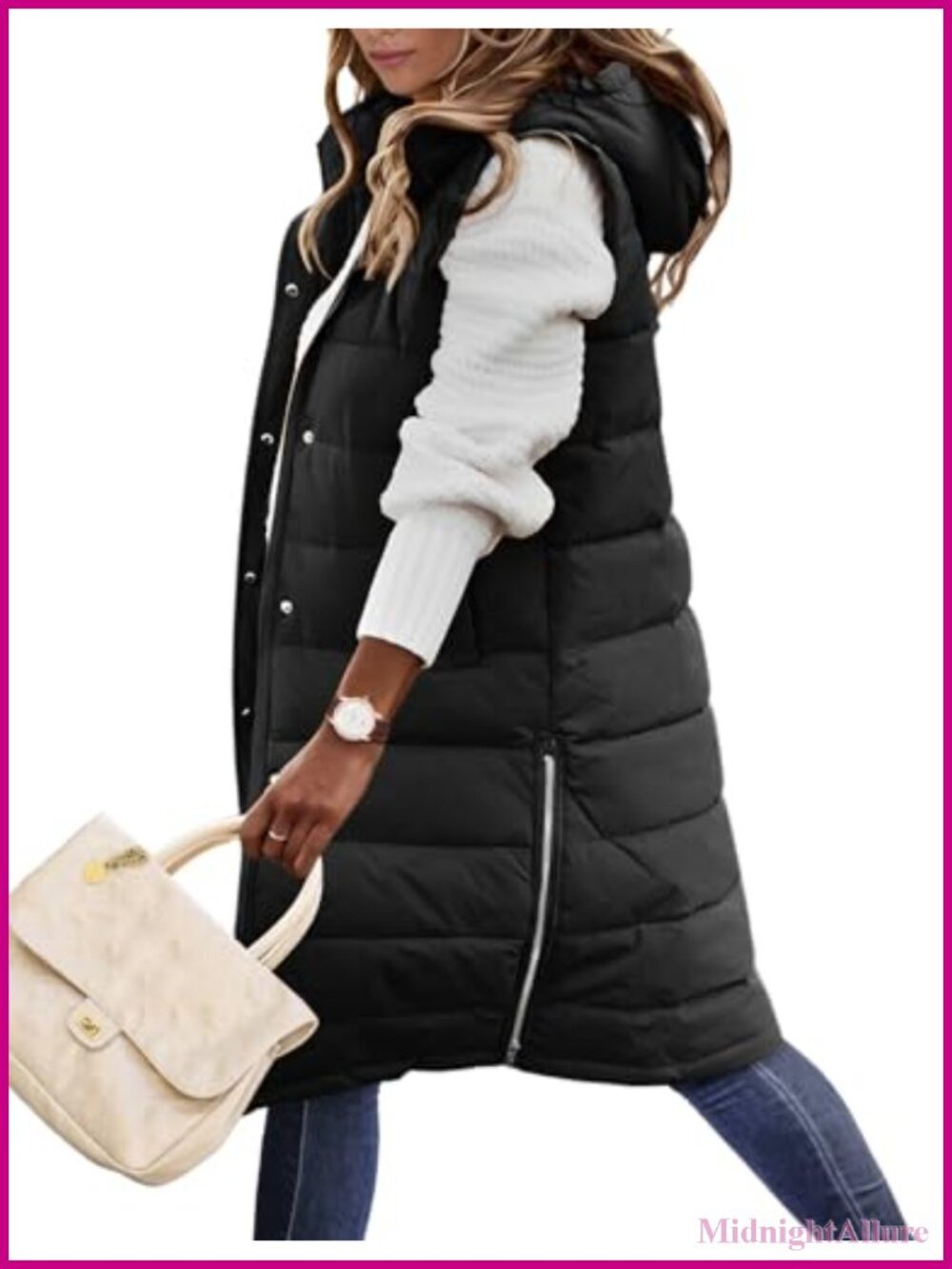 Long Puffer Vest Women Sleeveless Quilted Hooded Winter Jacket